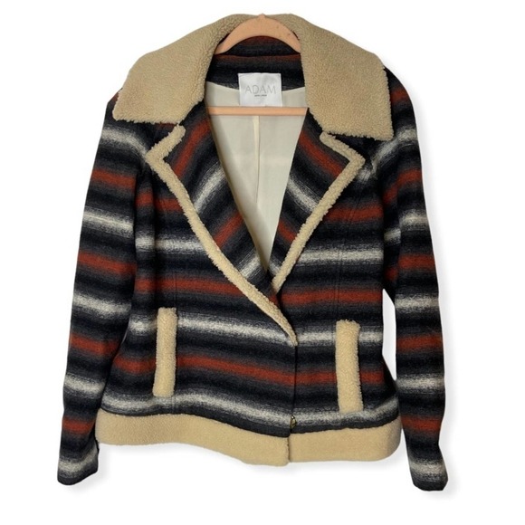 adam lippes shearling collar wool blend double breasted  stripes jacket - Picture 1 of 7